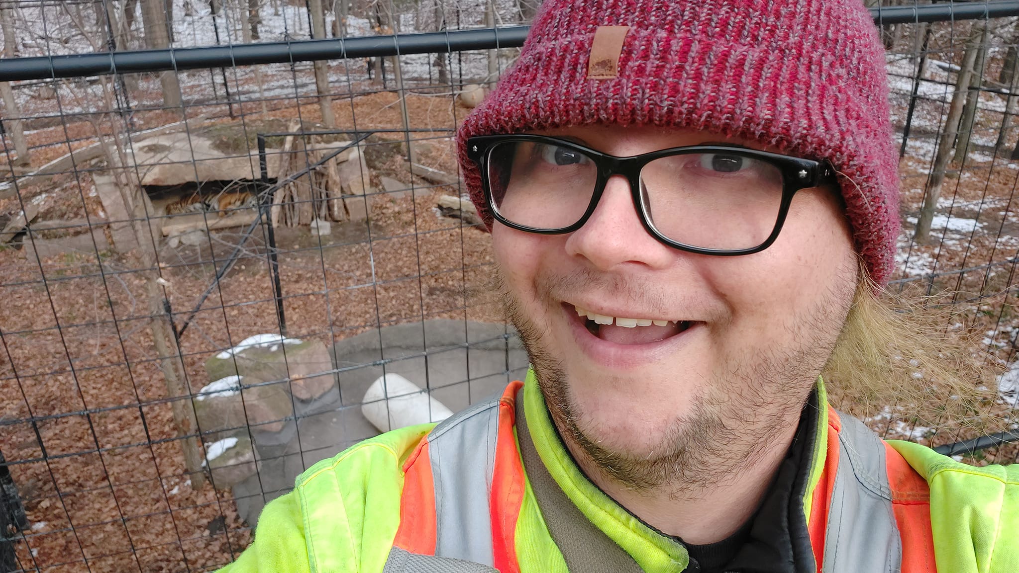 A man wearing a red toque and a high visibility winter coat stands excitedly in front of an enclosure with a sleeping tiger in it